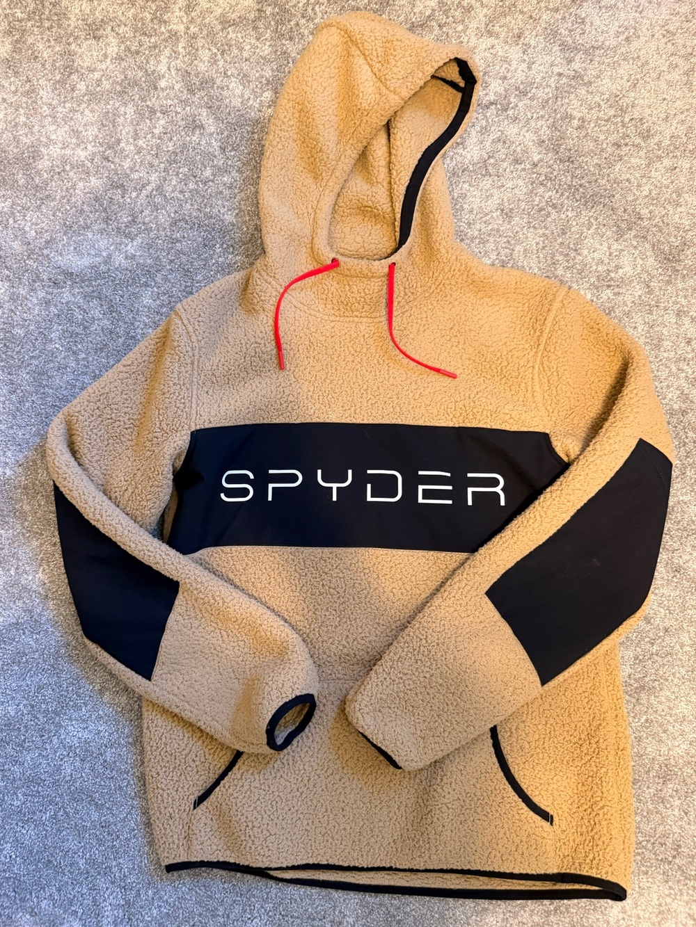 Spyder Men’s Tan Sherpa Crewneck Hoodie with Black Panels and Red Drawcords